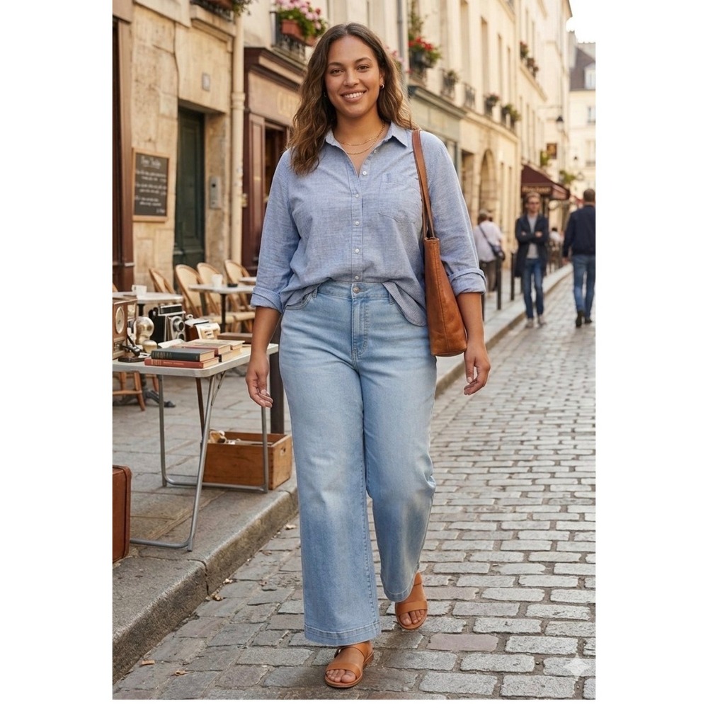 Lands End Womens Plus 20W Light Wash High Rise Wide Leg Cropped Jeans Indigo